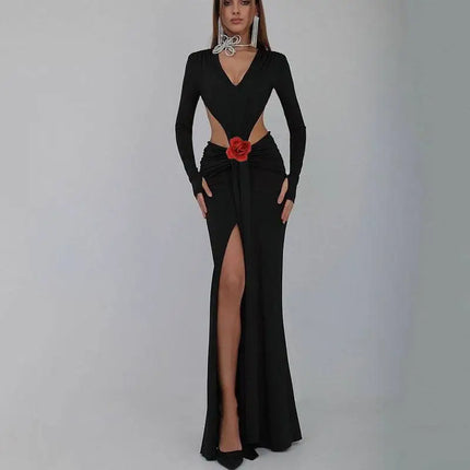 Black V-Neck Backless Long Sleeves Skirt Waist Gown