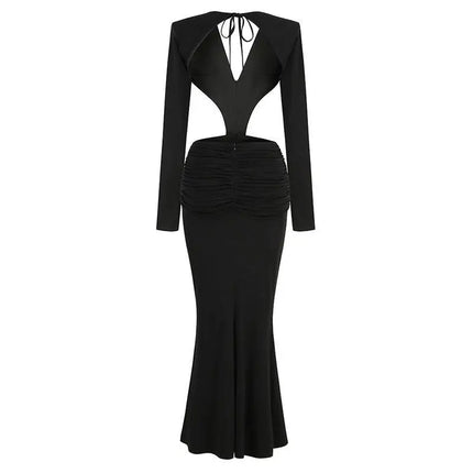 Black V-Neck Backless Long Sleeves Skirt Waist Gown