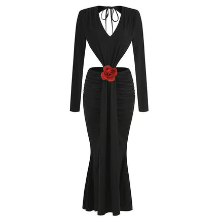 Black V-Neck Backless Long Sleeves Skirt Waist Gown