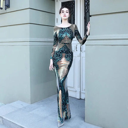 Burgundy Gold Mopping Long Sequin Dress
