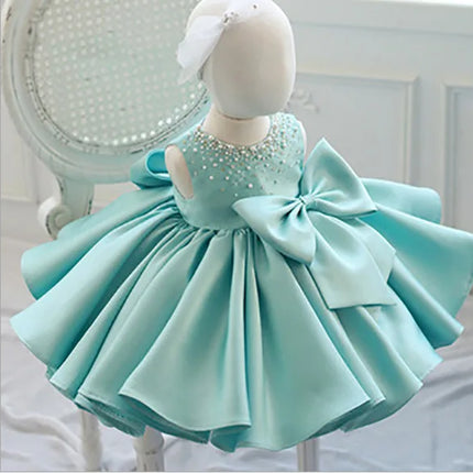 HETISO Elegant Baby Girls Birthday Dress Beading Formal Wedding Party Gown for Children Tutu Fashion Sleeveless Silk Clothes