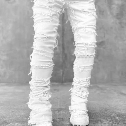 Ins Fringes Ripped Trousers Individual Patched Pants Long Tight Fit Stacked Jeans For Mens Clothing