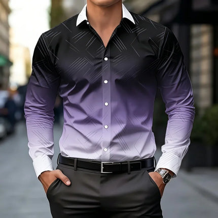 Men's shirt new color gradient geometric lines men's long sleeved shirt business slim fit lapel comfortable men's clothing