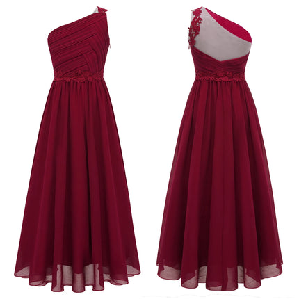 Kids Flower Girls Dress One Shoulder Pleated Evening Wedding Party Formal Occasion Long Maxi Junior Bridesmaid Tulle Dresses