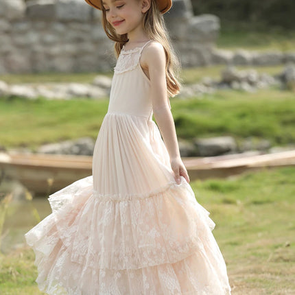 Big Girls Flower Wedding Party Backless Chiffon Dress Princess Kids Bohemia Lace Long Dresses Vestidos Clothing For 3-15 Years
