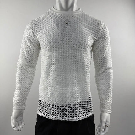 Men's Simple Sexy Mesh Tops Spring/Summer American Casual Fashion Round Neck Hollow Out Knitted Long Sleeve T-shirt