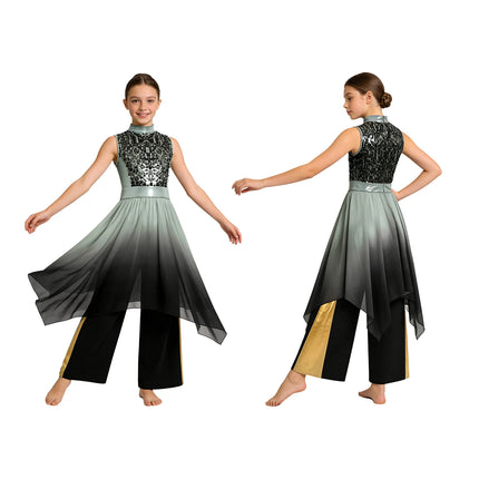 Kids Girls Praise Liturgical Church Worship Dance Outfit Sequins Chiffon Tunic Dress+Pants Choir Lyrical Contemporary Dancewear
