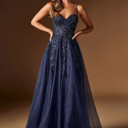 Ladivine C177 Floral Lace Applique A-Line Glitter Tulle Gown