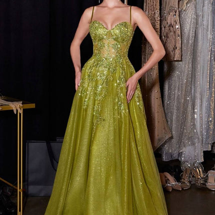 Ladivine C177 Floral Lace Applique A-Line Glitter Tulle Gown