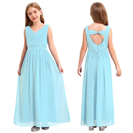 Kids Girls Wedding Bridesmaid Dress Spaghetti Strap Elegant Chiffon Maxi Party Dresses with Faux Pearls Belt for Banquet Pageant