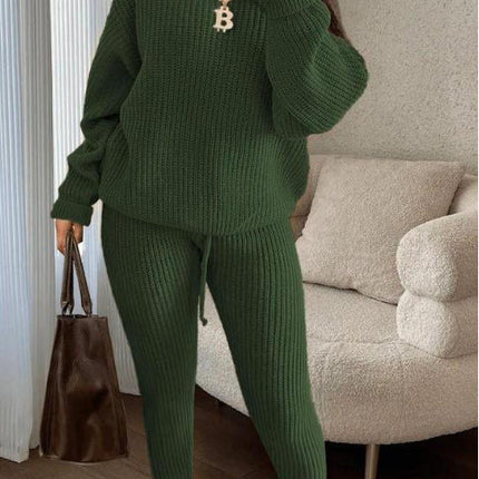 Winter Ribbed Knit Suits Fashion Loose Pullover Sweater Top And Drawstring Pants For Women Trouser Set Clothing