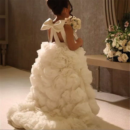 Luxury White Ivory Flower Girl Dresses Pearls Dubai Kids Princess Birthday Wedding Party Children Holiday Gown