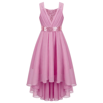 Children Flower Girls Dress Sleeveless Sequin Hi-low Hem Prom Gown Elegant Chiffon Princess Birthday Formal Wedding Party Dress