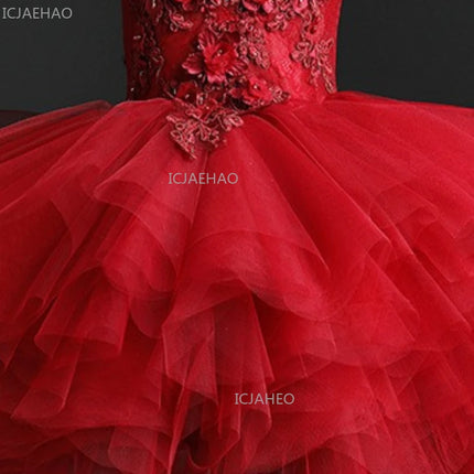 Red Flower Girl Dress Princess Pageant Gown Children Wedding Clothing Fashion Evening Party Birthday Performance Formal Outfit