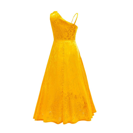 Summer Yellow One-Shoulder Princess Dress With Rose Print Pattern Flower Girls Wedding Party Costume Kids Cosplay Judy Ball Gown