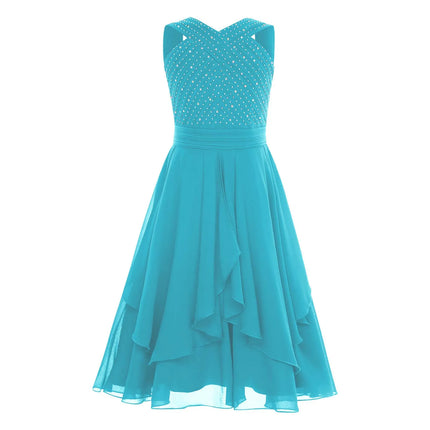 Shiny Rhinestone Chiffon Party Dress for Kids Girls Elegant Princess Birthday Formal Wedding Gown Sleeveless Knee-length Dresses