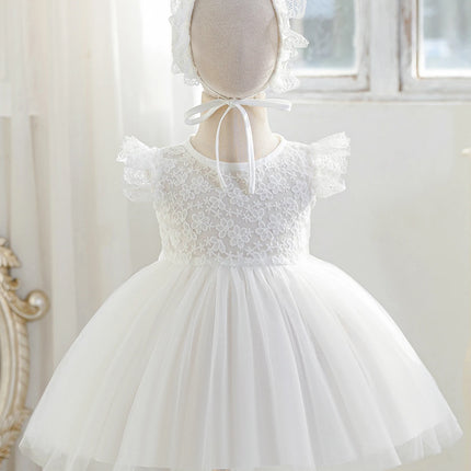 Baby Girl, 0-2 Years Old, White Dress with Lace Trim and Floral Embroidery, Fluffy Net Fabric, for Baptism, with a Hat