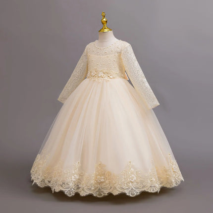 New Long Sleeve Elegant Dress for Young Girls Flower Girl Wedding Dresses Lace Formal White Clothes From 4 to12 Years