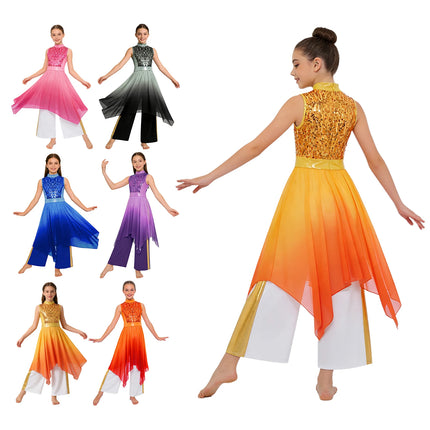 Kids Girls Praise Liturgical Church Worship Dance Outfit Sequins Chiffon Tunic Dress+Pants Choir Lyrical Contemporary Dancewear