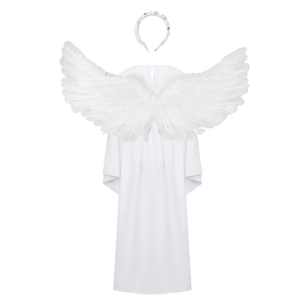 Sweet Girls Angel Costume Outfits Kids White Fancy Princess Church Robes Angel Dress+Feather Wings+Headband Dress Up 3Pcs Set