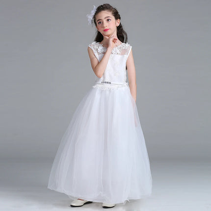 Teen White Lace Bridesmaid Dresses Flower Bow Kids Dress For Girl Ceremony Party Wedding Evening Dress Gown Vestido 10 14 Years