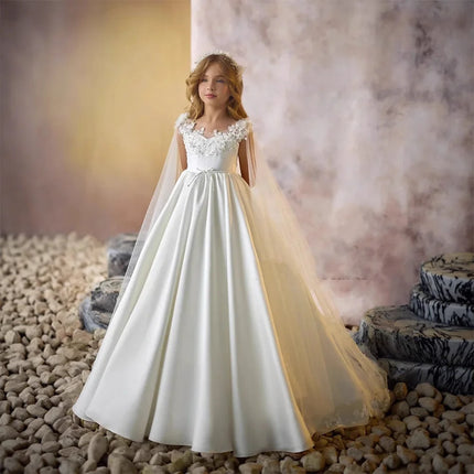 Children's White Satin Cape Princess Dress, Girl's Lace Dress, Wedding Flower Girl, Birthday Party and Grand Ceremony Catwalk