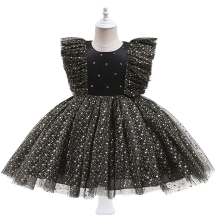 Toddler Baby Girls Luxury Star Sequins Flying Sleeve Bow Princess Dress For Infant 1st Year Birthday Baptism Christmas Prom Gown