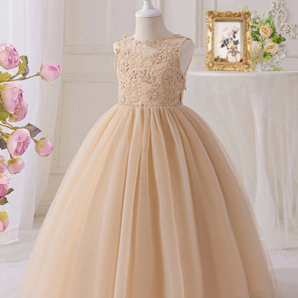Champagne Colored Princess Dress for Girls Mesh Lace Flower Detail Elegant Wedding Party Children's Dress