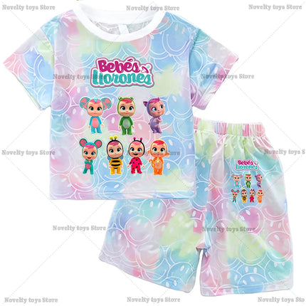 Crying Babies T-shirt Set Children Summer Clothing Girl Cartoon Anime Short Sleeve Sets Leisure Kawaii Clothes Kid Cute Tee Gift