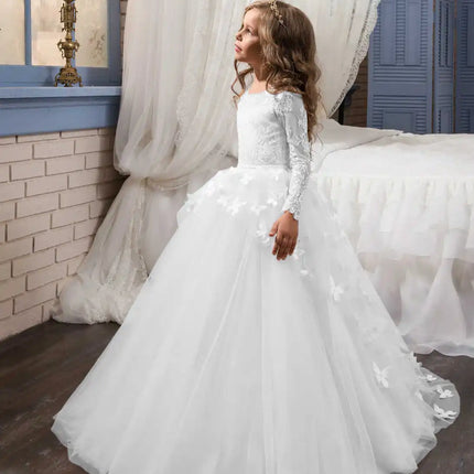 Elegant and lovely butterfly floor mopping flower girl wedding dress, lace long sleeved ball dress