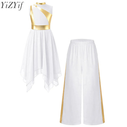 Kids Girls Liturgical Praise Dance Sets Metallic Patchwork Sleeveless Asymmetrical Hem Lyrical Church Dress with Wide-Leg Pants
