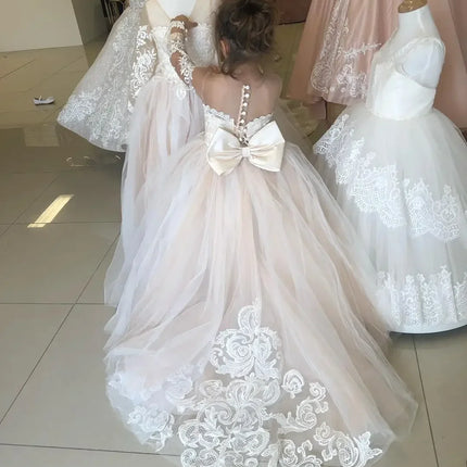 1-13 Years Lace Tulle Flower Girl Dress Up Buttons Bows Children's First Communion Ball Gown Wedding Party Bridesmaid Dress Kids