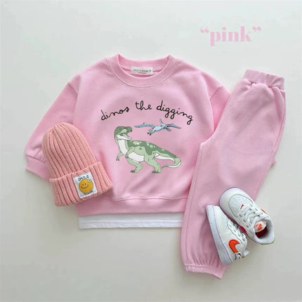 Cartoon Dinosaur Sweatshirts 2Piece Set Spring Autumn Costume For Boys And Girls New Design Round Neck Tops Baby Clothing
