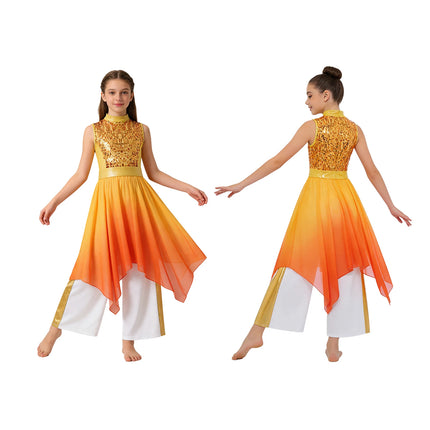 Kids Girls Praise Liturgical Church Worship Dance Outfit Sequins Chiffon Tunic Dress+Pants Choir Lyrical Contemporary Dancewear