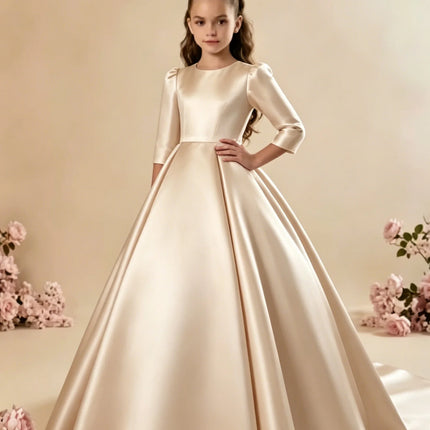 Custom Girls First Communion Dress 2025 New Long Sleeve Matte Satin A-Line Tail Evening Gown Girls Wedding Party Princess Dress