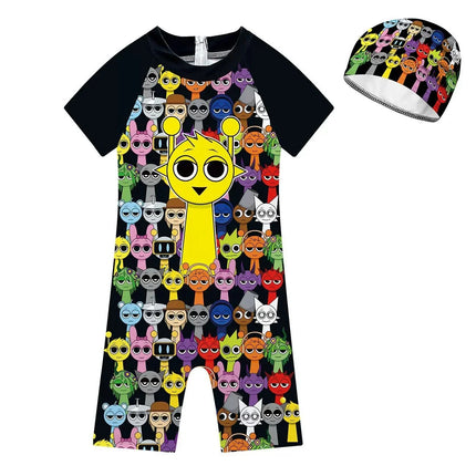 Summer Sprunki Plush Swimwear Kids Costume Toddler Baby One-piece Swimming Cap Bathing Suit Boys Girls Sprunki Print Beachwear