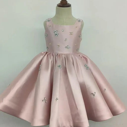 Kids Princess Satin Crystals Pearls Flower Girl Dress Children First Communion Dress Ball Gown Wedding Party Dress Birthday Show