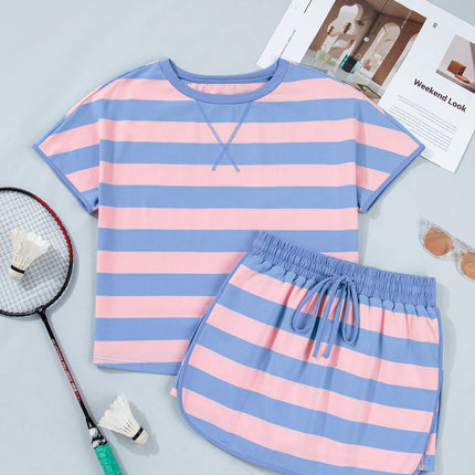 Pink Stripe Dolman Tee Drawstring Skort Athletic 2pcs Set
