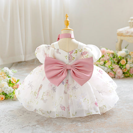 2pcs Toddler Pink Flower Baptism Party Baby Girls Dress Elegant 1 Yrs Birthday Wedding Princess Prom Dress Girl Bridesmaids Gown