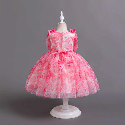 HETISO Princess Rose Floral Chiffon Dress for Girls Lace Tutu Summer Kids Clothing for Wedding Birthday Party New Year