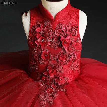 Red Flower Girl Dress Princess Pageant Gown Children Wedding Clothing Fashion Evening Party Birthday Performance Formal Outfit