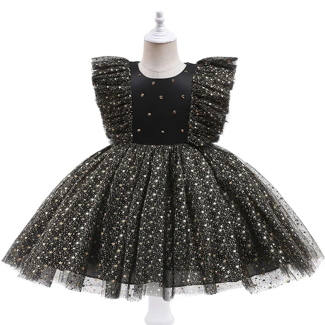 Toddler Baby Girls Luxury Star Sequins Flying Sleeve Bow Princess Dress For Infant 1st Year Birthday Baptism Christmas Prom Gown