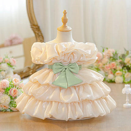  Baby Girls Bow Layered Ball Gown Cute Clothes Infant Birthday Dress Wedding Toddler Princess Party Baptism Frock