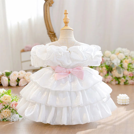  Baby Girls Bow Layered Ball Gown Cute Clothes Infant Birthday Dress Wedding Toddler Princess Party Baptism Frock