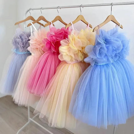 Girl Clothes Children's Flower Dress Wedding Princess Dresses Little Girls Pink Blue Strap Tulle Tutu Skirt Purple Spaghetti