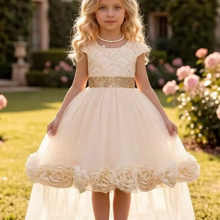 Flower Girl Dress 3D Rose Lace Tulle Sequin Waistband Princess Gown Birthday Holiday Wedding Party Formal Girls Dresses 3-12Y