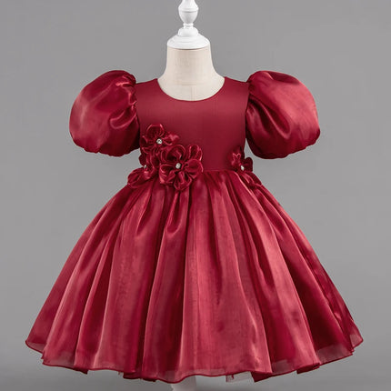 Solid Color Girl Princess Dress Short Sleeve Lace Flower Girl Dresses for Weddings Summer Children's Evening Dress 1-7 Years