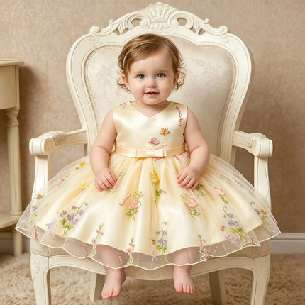 Toddler Girls V Neck Butterfly Birthday Dress Embroidery Flower Tulle Bow For Baby Formal Wedding Party Photo Shoot Baptism Gown