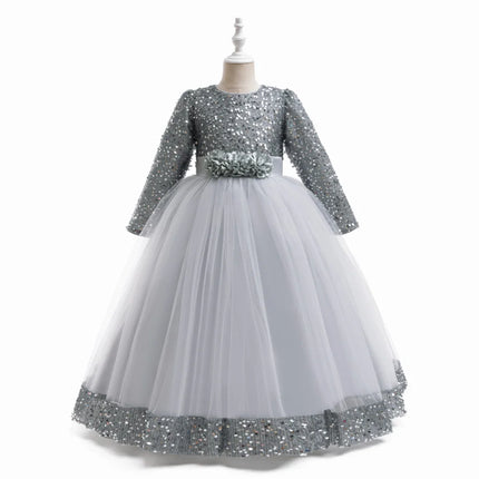 Long Sleeve Sequin Bridesmaid Girls Dresses Elegant Tulle Flower Wedding Princess Kids Party Dress for Girl Bow Chrismas Costume