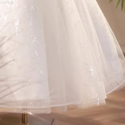 New Girls White Flower Girl Wedding Dress Children Middle Gown for Host Performance Pageant Formal Sleeve Puffy Princess Party